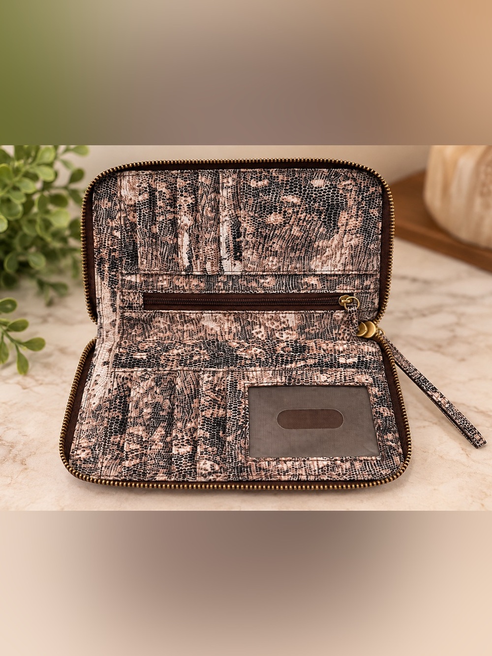 HOBO Reptile Print Zip Around Wristlet Wallet Neutral Leather